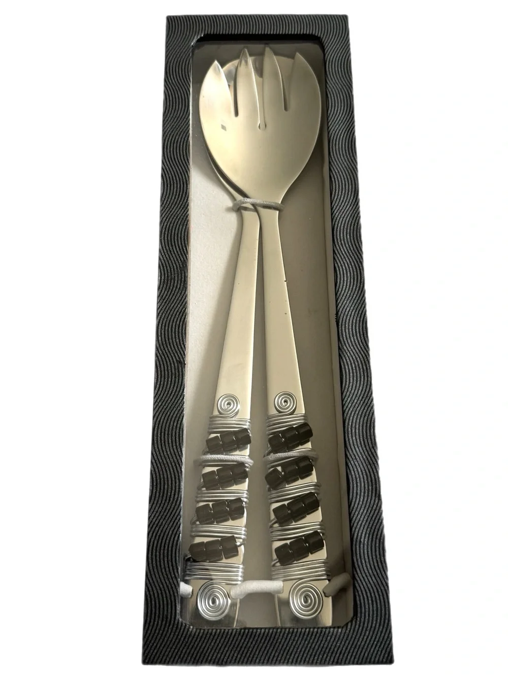 Wild Eye Designs Stainless Steel Salad Server Set Silver Black Beaded Artisan